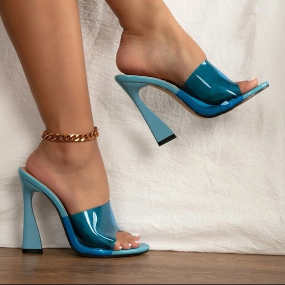 Clear Strap Pyramid Heeled Mule Sandals - Picture 2 of 3